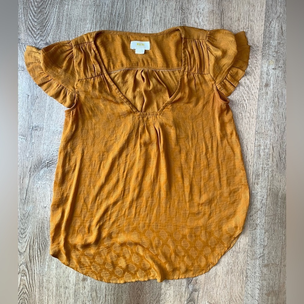Maeve Anthropologie Mustard Ruffle Sleeve Textured Blouse XS Boho Chic